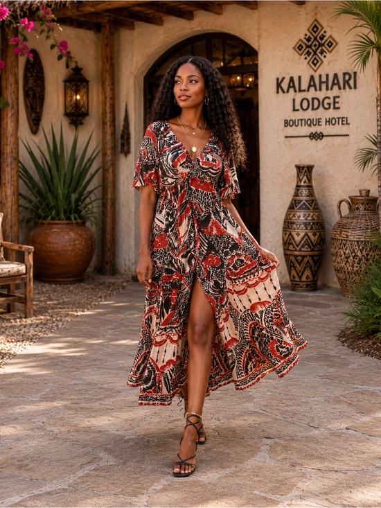 Anthropologie Dresses & Skirts - Anthropologie Geometric Boho Maxi Dress Medium M Cutout Back Flutter Sleeve